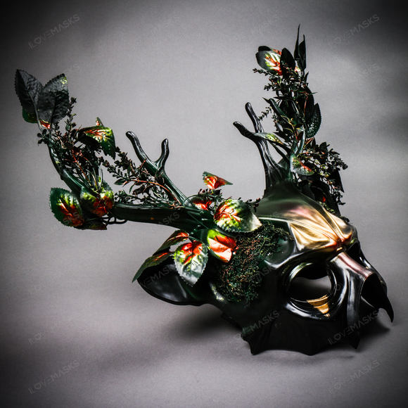 Antler Deer Horn Devil Woodland Forest Halloween Masquerade Mask - Green Gold - Picture 4 of 10